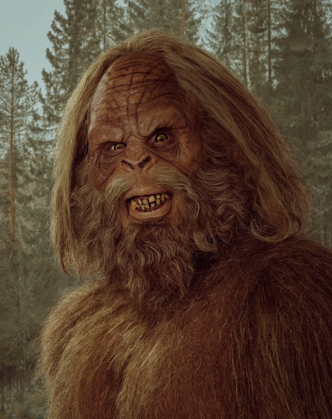 Close-up of a bigfoot-like creature with long brown hair and a furry body, standing in a forest with blurred trees in the background.